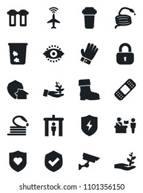 Set of vector isolated black icon - plane radar vector, passport control, security gate, trash bin, glove, boot, hose, patch, heart shield, protect, eye id, lock, water filter, home, surveillance