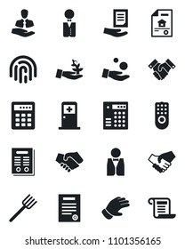 Set of vector isolated black icon - medical room vector, document, farm fork, glove, client, fingerprint id, handshake, contract, estate, waiter, remote control, combination lock, palm sproute