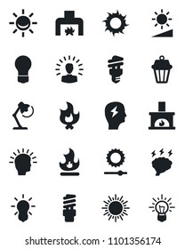 Set of vector isolated black icon - sun vector, brainstorm, bulb, fire, brightness, desk lamp, fireplace, energy saving, outdoor, alarm led, shining head, idea