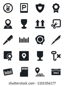 Set of vector isolated black icon - parking vector, no mobile, pen, stamp, heart shield, navigation, pin, fragile, up side sign, hook, barcode, sd, cut, place tag, sertificate, sale