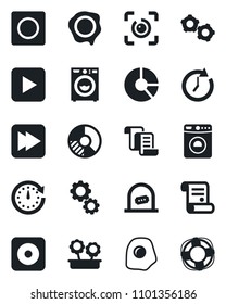 Set of vector isolated black icon - ticket office vector, washer, gear, contract, circle chart, stamp, play button, fast forward, rec, record, eye id, flower in pot, omelette, clock