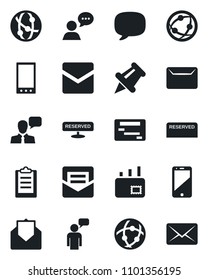 Set of vector isolated black icon - speaking man vector, network, cell phone, speaker, paper pin, mail, mobile, message, clipboard, reserved, schedule