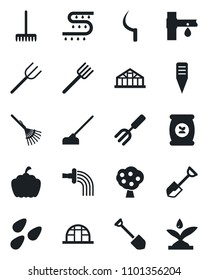 Set of vector isolated black icon - job vector, garden fork, shovel, farm, rake, watering, hoe, sickle, plant label, pumpkin, greenhouse, seeds, fertilizer, drip irrigation, fruit tree