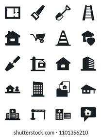 Set of vector isolated black icon - barrier vector, border cone, office building, trowel, shovel, ladder, wheelbarrow, saw, hospital, house, with garage, tree, plan, estate document, sweet home
