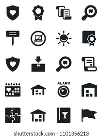 Set of vector isolated black icon - no laptop vector, contract, plant label, heart shield, medical calendar, warehouse, package, search cargo, application, certificate, wine card, alarm led, flag