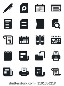 Set of vector isolated black icon - book vector, pen, notepad, document, calendar, medical, folder, news, copybook, search, printer, schedule, contract