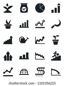 Set of vector isolated black icon - growth statistic vector, seedling, watering can, sickle, greenhouse, fertilizer, drip irrigation, bar graph, pie, point, career ladder, arrow up, crisis
