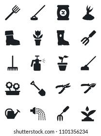 Set of vector isolated black icon - job vector, flower in pot, garden fork, farm, rake, seedling, watering can, sproute, pruner, boot, hoe, sprayer, fertilizer, irrigation