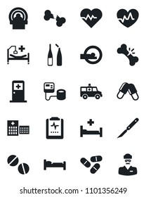Set of vector isolated black icon - bed vector, medical room, heart pulse, blood pressure, pills, ampoule, scalpel, tomography, ambulance car, hospital, broken bone, clipboard, doctor