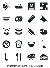 Set of vector isolated black icon - spoon and fork vector, menu, salad, plates, bacon, bread, steak, ladle, bowl, rolling pin, sushi, cheese