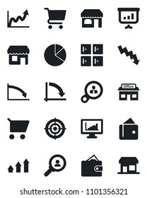 Set of vector isolated black icon - shop vector, checkroom, crisis graph, store, monitor statistics, pie, target, consumer search, arrow up, wallet, growth, cart, presentation, storefront