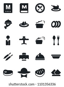 Set of vector isolated black icon - spoon and fork vector, waiter, dish, restaurant table, serviette, menu, plates, dress code, chicken, steak, kebab, bowl, steaming pan
