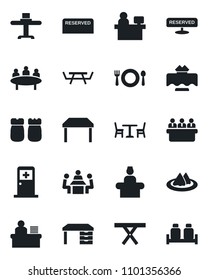 Set of vector isolated black icon - cafe vector, reception, medical room, desk, meeting, manager place, picnic table, restaurant, serviette, reserved, salt and pepper