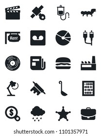 Set of vector isolated black icon - abacus vector, rain, caterpillar, dropper, satellite, clapboard, vinyl, news, rca, record, pie graph, desk lamp, rent, factory, hamburger, ladle, rolling pin