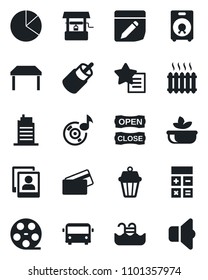 Set Of Vector Isolated Black Icon - Airport Bus Vector, Calculator, Well, Reel, Speaker, Favorites List, Rca, Notes, Music, Photo Gallery, Pie Graph, Pool, Table, Heater, City House, Salad, Sound