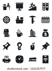 Set of vector isolated black icon - mouse vector, tie, money bag, drawing pin, manager place, bulb, calendar, paper, clock, coffee, presentation board, desk, target, printer, career ladder, book