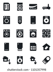 Set of vector isolated black icon - washer vector, calculator, speaker, phone back, sim, smart home, credit card, control, chip, remote, router, usb flash