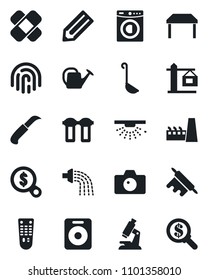 Set of vector isolated black icon - camera vector, pencil, watering can, garden knife, microscope, patch, remote control, speaker, fingerprint id, table, washer, crane, factory, ladle, rolling pin