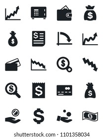 Set of vector isolated black icon - credit card vector, safe, dollar sign, money bag, crisis graph, receipt, wallet, growth, search, investment, cash