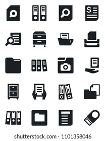 Set of vector isolated black icon - office binder vector, document search, receipt, folder, photo gallery, paper, tray, archive box, usb flash
