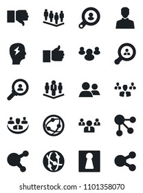 Set of vector isolated black icon - female vector, team, brainstorm, network, share, group, finger up, down, user, company, client search, consumer, social media
