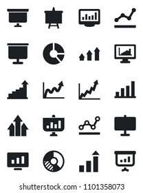 Set of vector isolated black icon - growth statistic vector, presentation board, monitor, circle chart, statistics, bar graph, point, arrow up