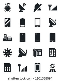 Set of vector isolated black icon - satellite antenna vector, mobile phone, virus, cell, low battery, back, sim, mute, cellular signal, office, sun panel