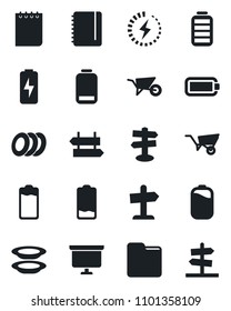 Set of vector isolated black icon - signpost vector, notepad, presentation board, wheelbarrow, battery, low, folder, charge, plates, guidepost