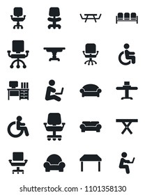 Set of vector isolated black icon - waiting area vector, disabled, office chair, desk, picnic table, cushioned furniture, restaurant, man with notebook