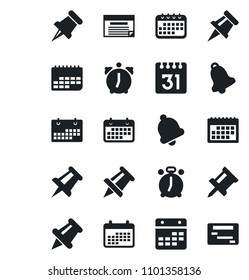 Set of vector isolated black icon - alarm clock vector, drawing pin, term, paper, bell, calendar, schedule