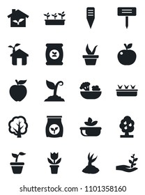 Set of vector isolated black icon - flower in pot vector, seedling, tree, sproute, plant label, fertilizer, fruit, salad, apple, eco house, palm