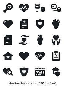 Set of vector isolated black icon - heart vector, pulse, diagnosis, blood pressure, diagnostic, shield, hand, real, medical calendar, clipboard, sweet home