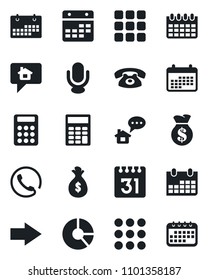 Set of vector isolated black icon - right arrow vector, calendar, circle chart, microphone, menu, calculator, phone, home message, money bag