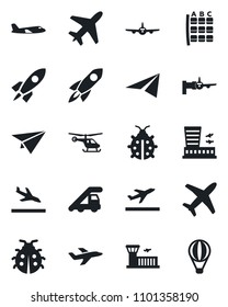 Set of vector isolated black icon - plane vector, departure, arrival, ladder car, boarding, helicopter, seat map, airport building, lady bug, rocket, paper, air balloon