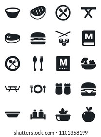 Set of vector isolated black icon - spoon and fork vector, picnic table, cafe, menu, salad, salt pepper, steak, hamburger, bowl, sushi, apple fruit