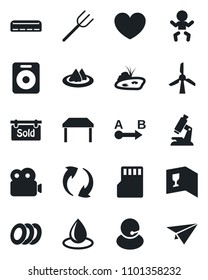 Set of vector isolated black icon - baby vector, farm fork, water drop, heart, microscope, support, route, speaker, update, sd, video, pond, sold signboard, table, air conditioner, serviette, plates