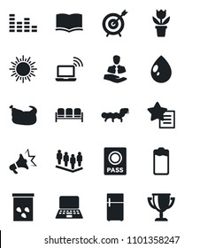 Set of vector isolated black icon - waiting area vector, wireless notebook, passport, sun, book, team, pc, flower in pot, water drop, seeds, caterpillar, client, equalizer, favorites list, battery