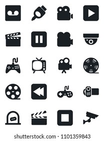 Set of vector isolated black icon - ticket office vector, clapboard, reel, tv, gamepad, video camera, play button, pause, stop, rewind, hdmi, record, surveillance