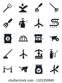 Set of vector isolated black icon - fence vector, garden fork, farm, rake, wheelbarrow, well, hoe, greenhouse, sprayer, fertilizer, drip irrigation, windmill