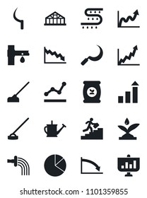 Set of vector isolated black icon - growth statistic vector, watering can, hoe, sickle, greenhouse, fertilizer, drip irrigation, pie graph, point, career ladder, crisis, presentation
