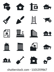 Set of vector isolated black icon - airport building vector, office, trowel, shovel, ladder, wheelbarrow, saw, house, with garage, tree, estate document, sweet home, city, crane, message