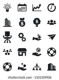 Set of vector isolated black icon - hierarchy vector, office building, group, gear, palm sproute, money bag, clock, growth graph, chair, investment, idea, calendar, paper plane, crisis management