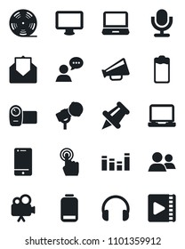 Set of vector isolated black icon - reel vector, microphone, loudspeaker, equalizer, video camera, cell phone, touch screen, speaker, headphones, monitor, laptop pc, group, paper pin, battery, low