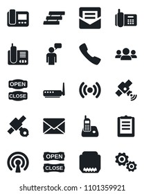 Set of vector isolated black icon - speaking man vector, mail, satellite, office phone, clipboard, radio, hdmi, call, paper tray, open close, wireless, router, intercome, group, gear