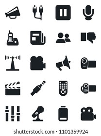 Set of vector isolated black icon - clapboard vector, microphone, antenna, news, loudspeaker, settings, video camera, remote control, radio phone, group, finger down, low battery, pause button, rca