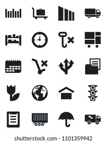 Set of vector isolated black icon - baggage trolley vector, route, earth, traffic light, truck trailer, car delivery, clock, term, consolidated cargo, clipboard, folder document, umbrella, no, hook