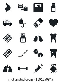 Set of vector isolated black icon - heart vector, syringe, blood pressure, dropper, scales, pills, bottle, blister, ampoule, scalpel, patch, ambulance car, barbell, stomach, lungs, tooth, caries