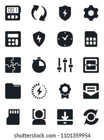 Set of vector isolated black icon - update vector, protect, settings, tuning, calculator, clock, stopwatch, mail, scanner, sd, sim, folder, download, face id, charge, application, sertificate