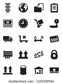 Set of vector isolated black icon - earth vector, cash, traffic light, truck trailer, car delivery, clock, clipboard, folder document, cargo, up side sign, no trolley, warehouse, heavy, oil barrel