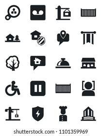 Set of vector isolated black icon - reception bell vector, disabled, tree, mobile tracking, cargo container, pause button, protect, record, face id, house with, crane, estate insurance, cook, pennon